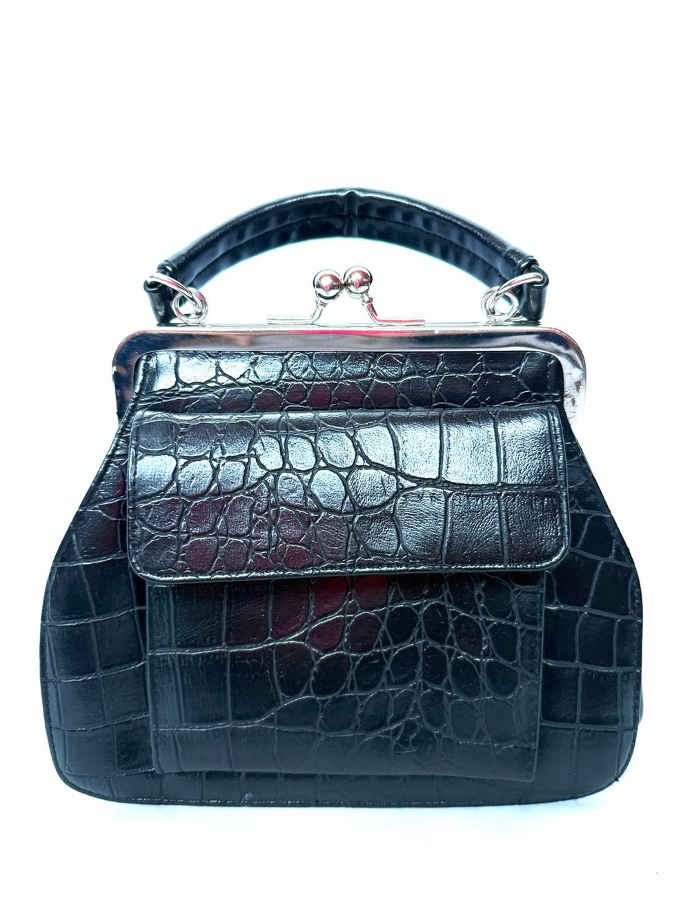 Vintage Black Croc Embossed Kiss Lock Handbag Retro Top Handle Purse